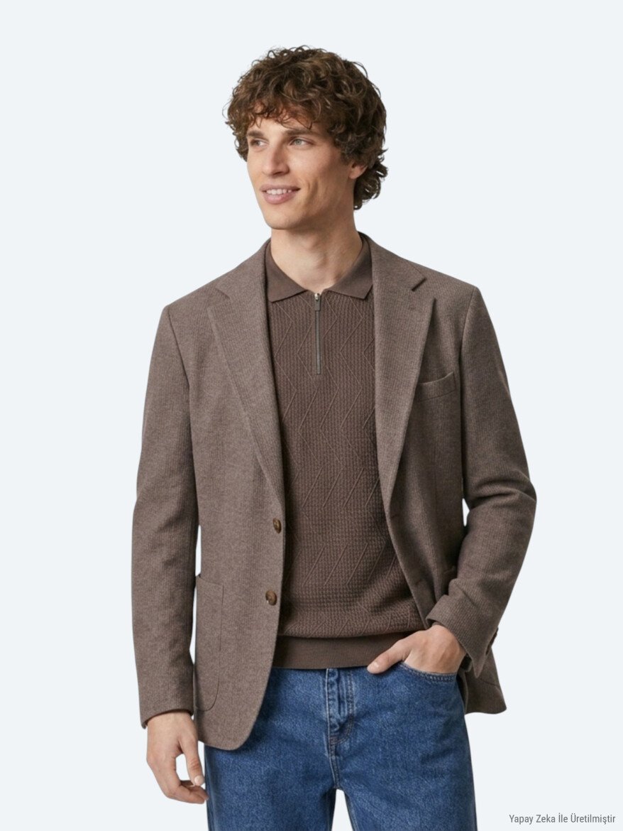 Kahverengi Kareli Modern Fit Yün Karışımlı Örme Ceket - KİP