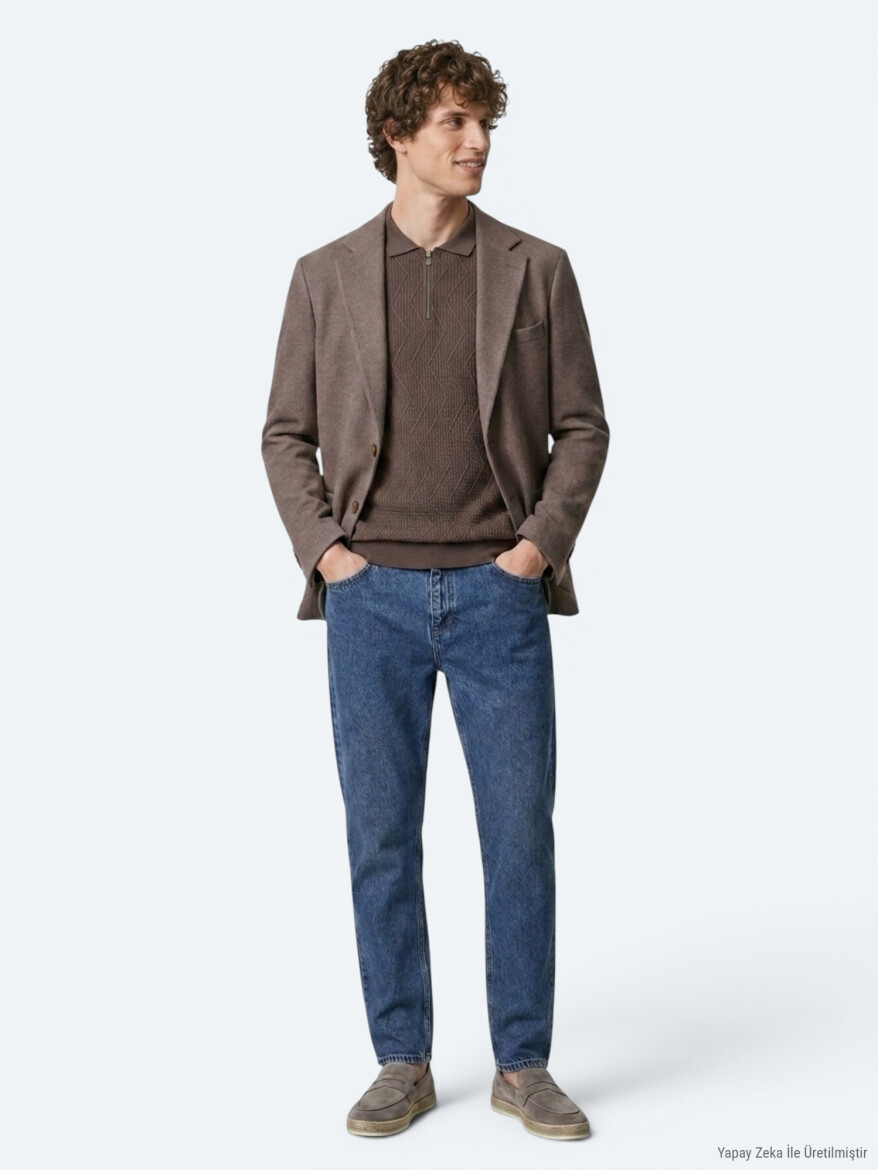 Kahverengi Kareli Modern Fit Yün Karışımlı Örme Ceket - KİP