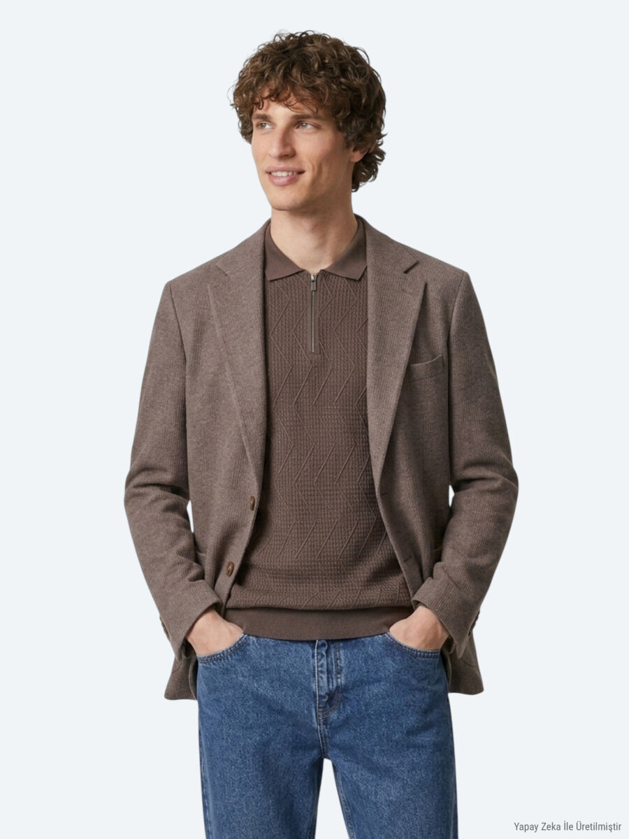 Kahverengi Kareli Modern Fit Yün Karışımlı Örme Ceket - 3