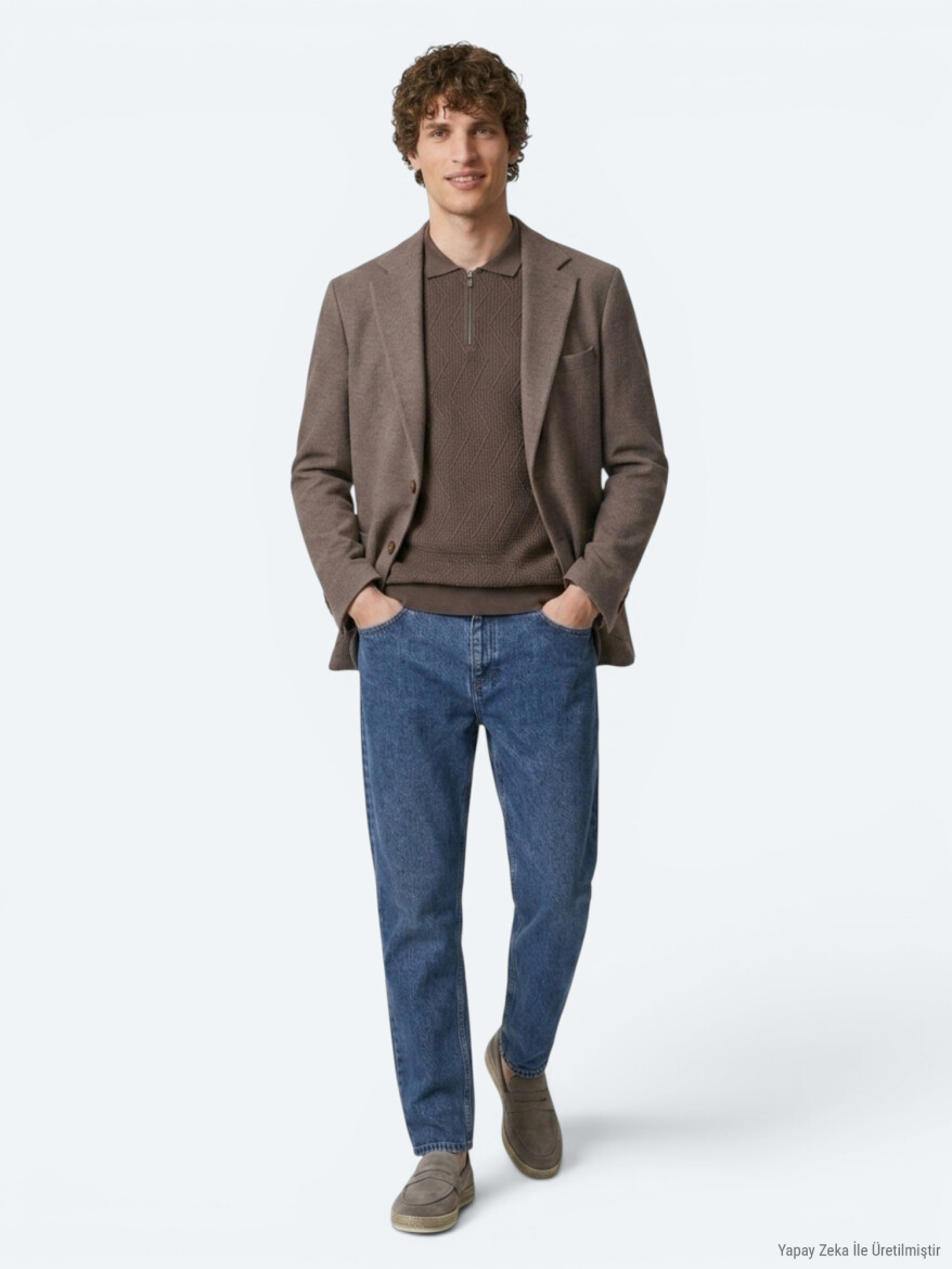 Kahverengi Kareli Modern Fit Yün Karışımlı Örme Ceket - 4