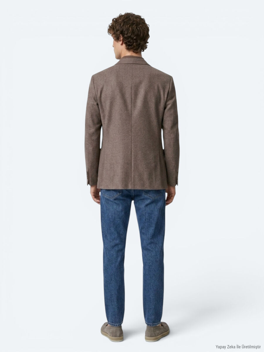 Kahverengi Kareli Modern Fit Yün Karışımlı Örme Ceket - 5