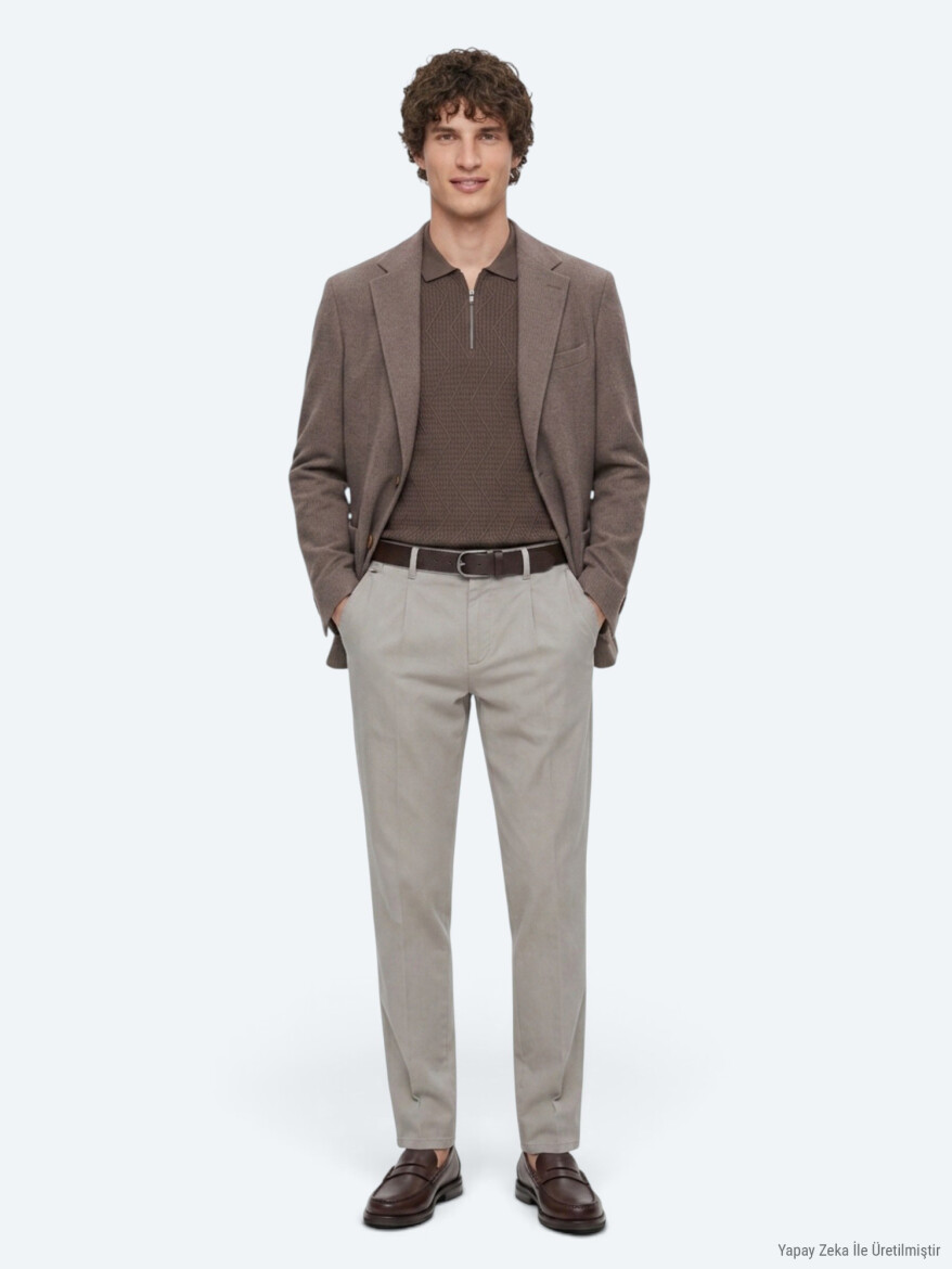 Kahverengi Kareli Modern Fit Yün Karışımlı Örme Ceket - KİP