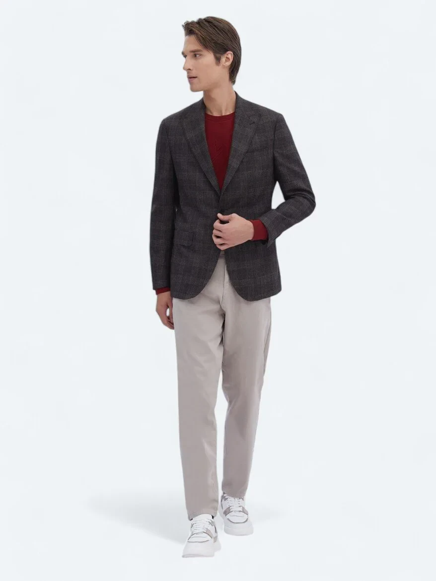Kahverengi Kareli Slim Fit %100 Yün Ceket - 2