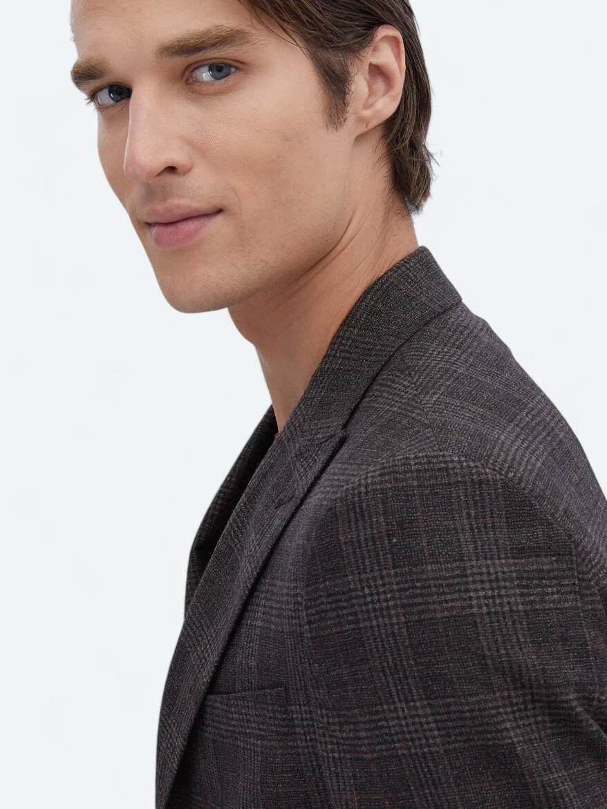 Kahverengi Kareli Slim Fit %100 Yün Ceket - 4