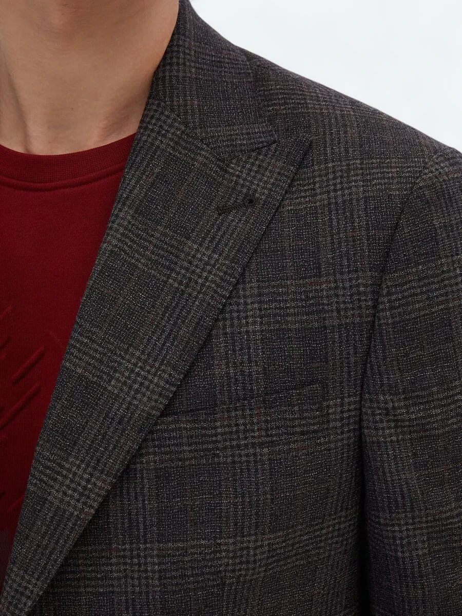 Kahverengi Kareli Slim Fit %100 Yün Ceket - 5