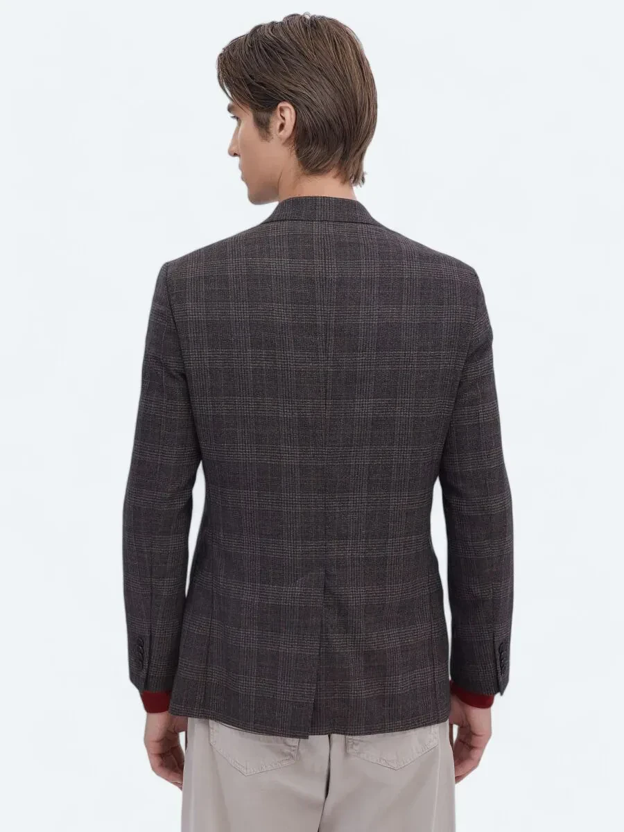 Kahverengi Kareli Slim Fit %100 Yün Ceket - 6