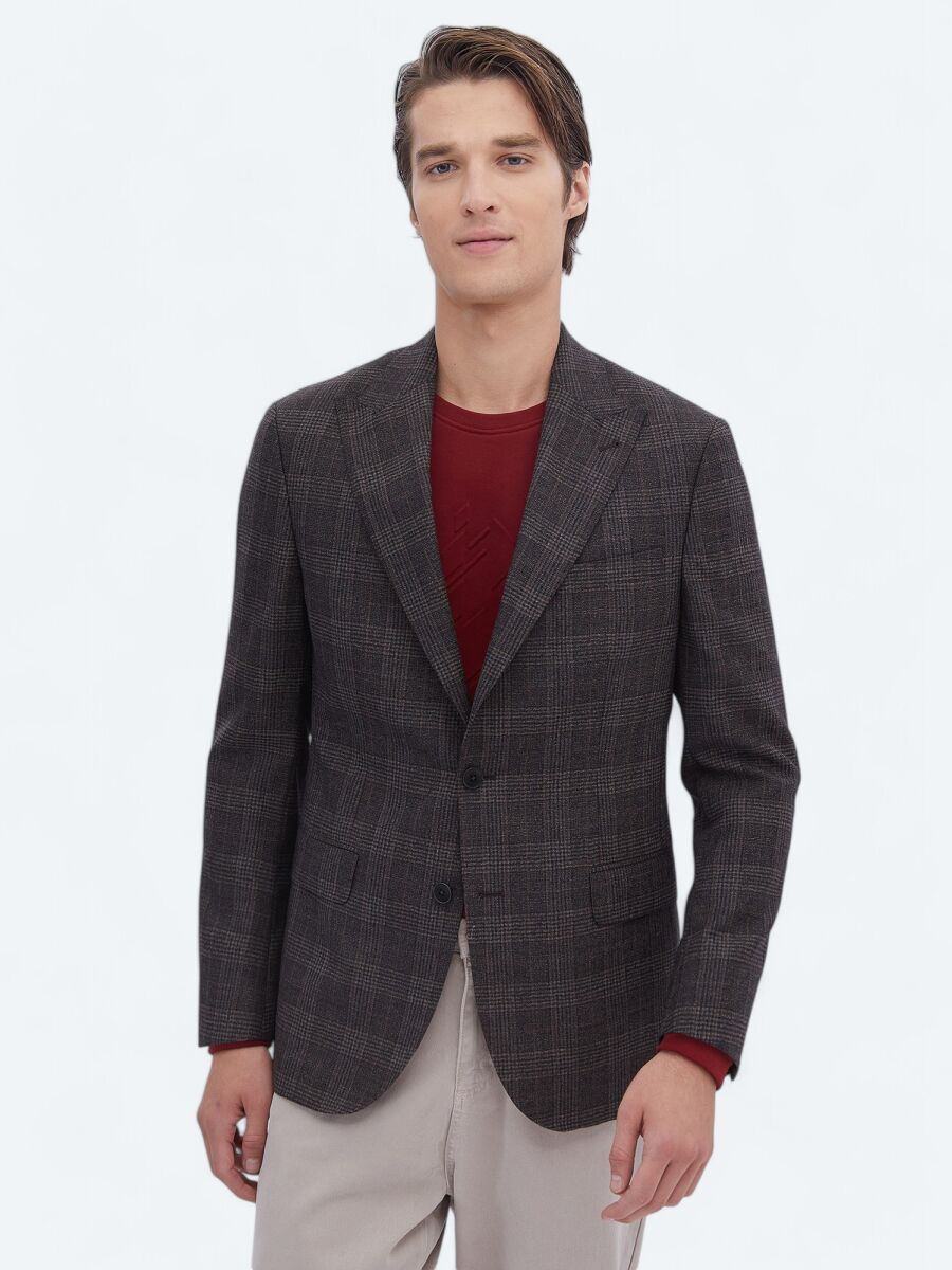 Kahverengi Kareli Slim Fit %100 Yün Ceket - 1