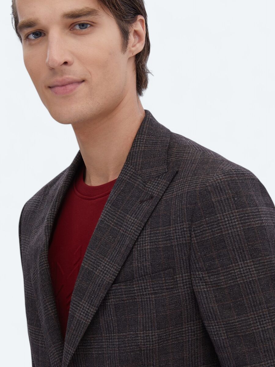 Kahverengi Kareli Slim Fit %100 Yün Ceket - 3