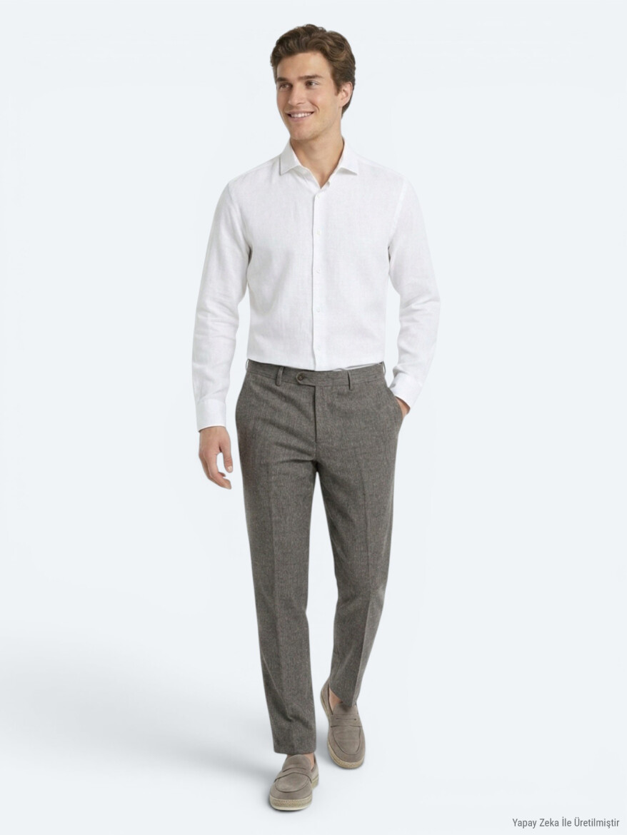 Kahverengi Kumaş Relaxed Fit Casual Keten Karışımlı Pantolon 