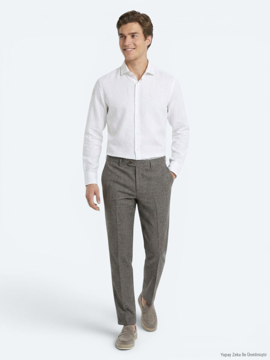 Kahverengi Kumaş Relaxed Fit Casual Keten Karışımlı Pantolon - 1