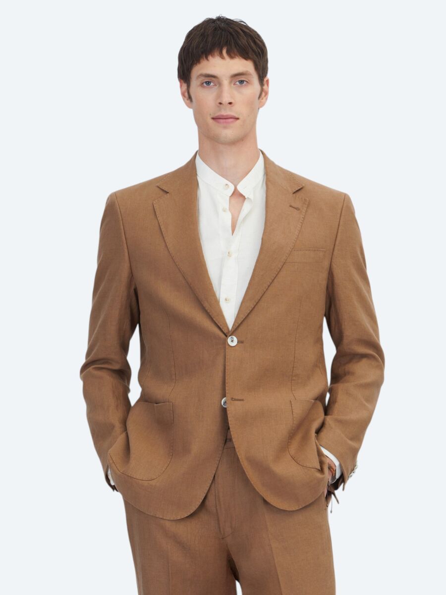 Kahverengi Modern Fit %100 Keten Takım Elbise - 1
