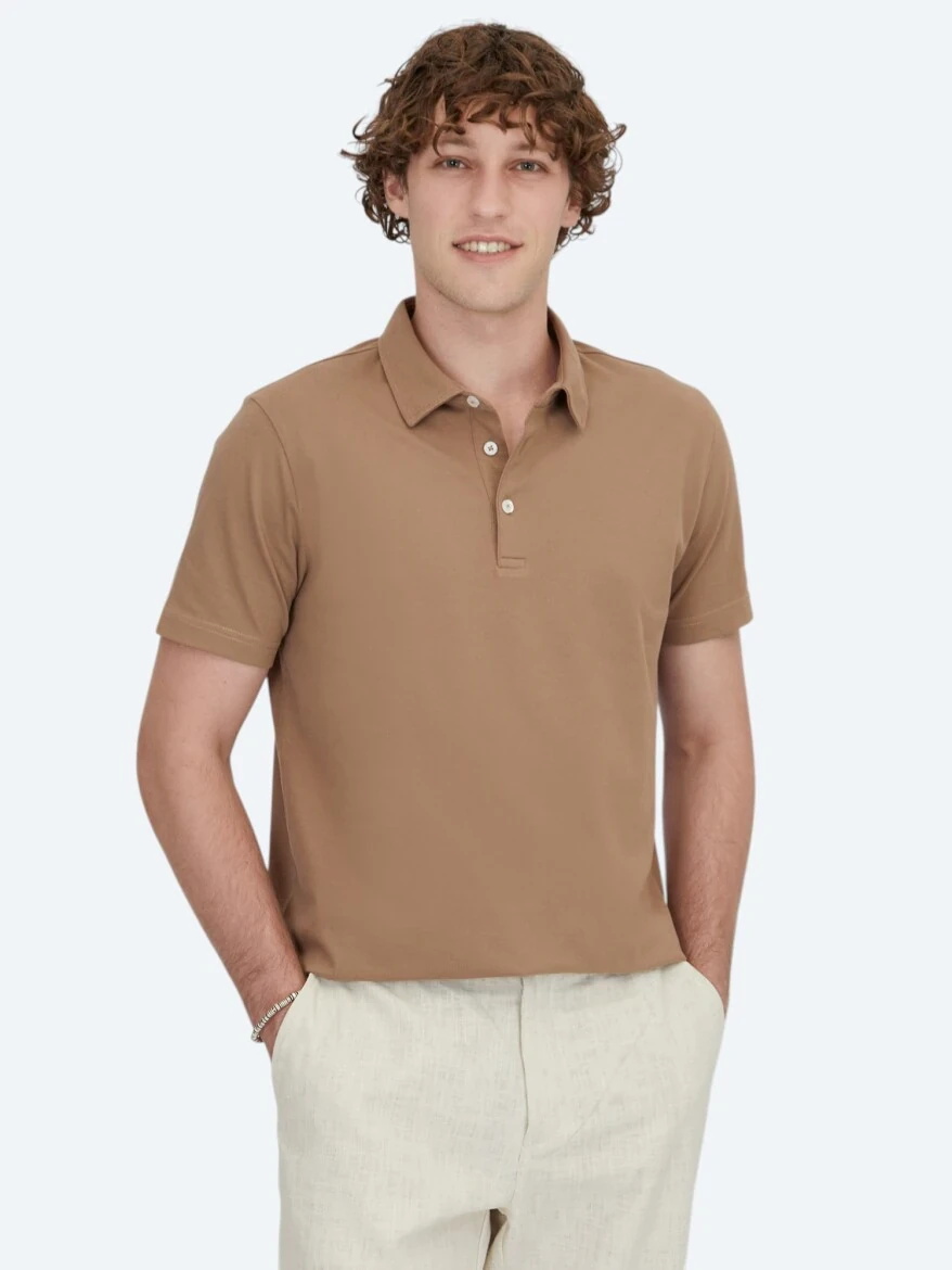 Kahverengi Polo Yaka Pamuk Karışımlı T-Shirt - 1