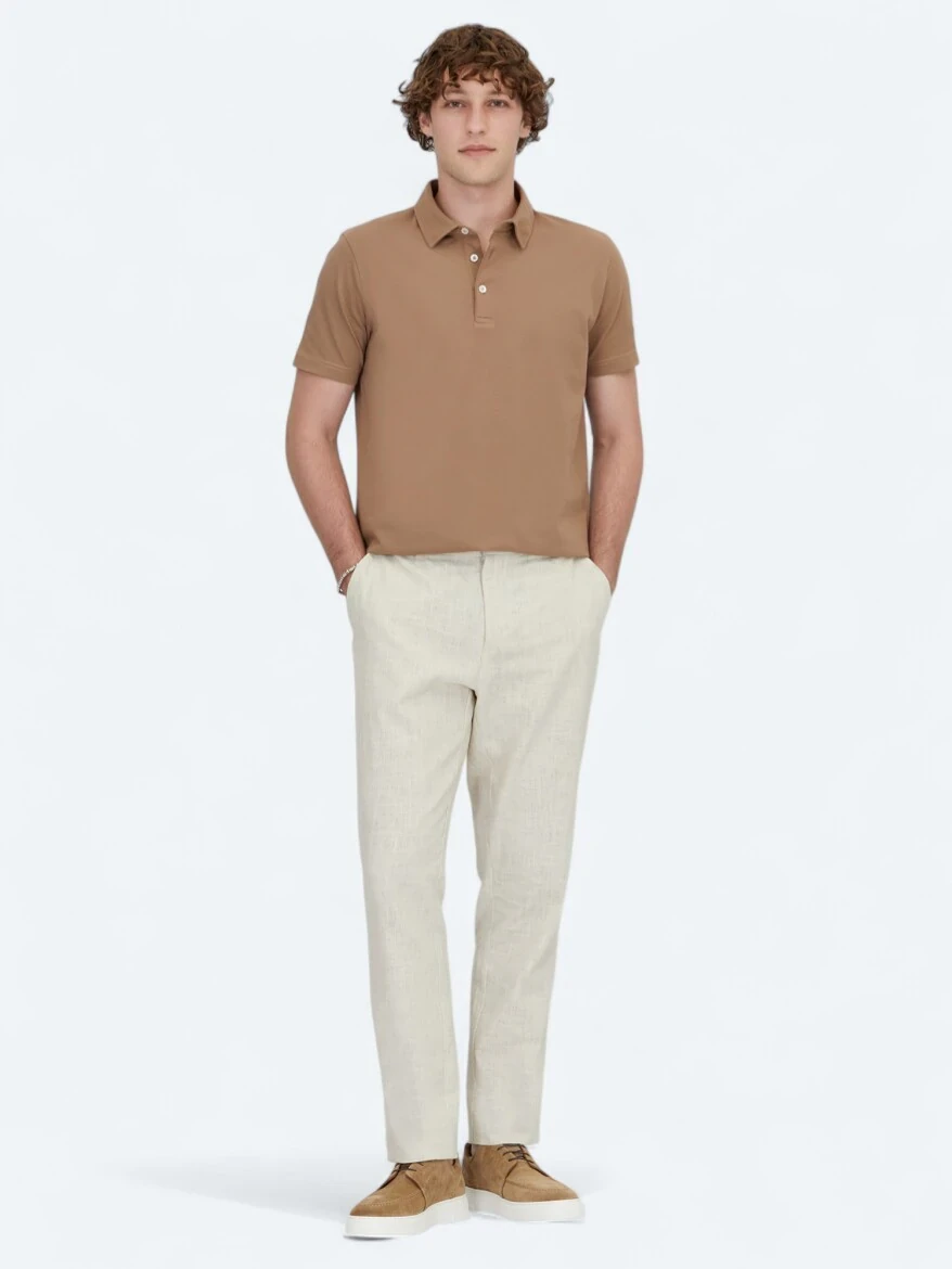Kahverengi Polo Yaka Pamuk Karışımlı T-Shirt - 2