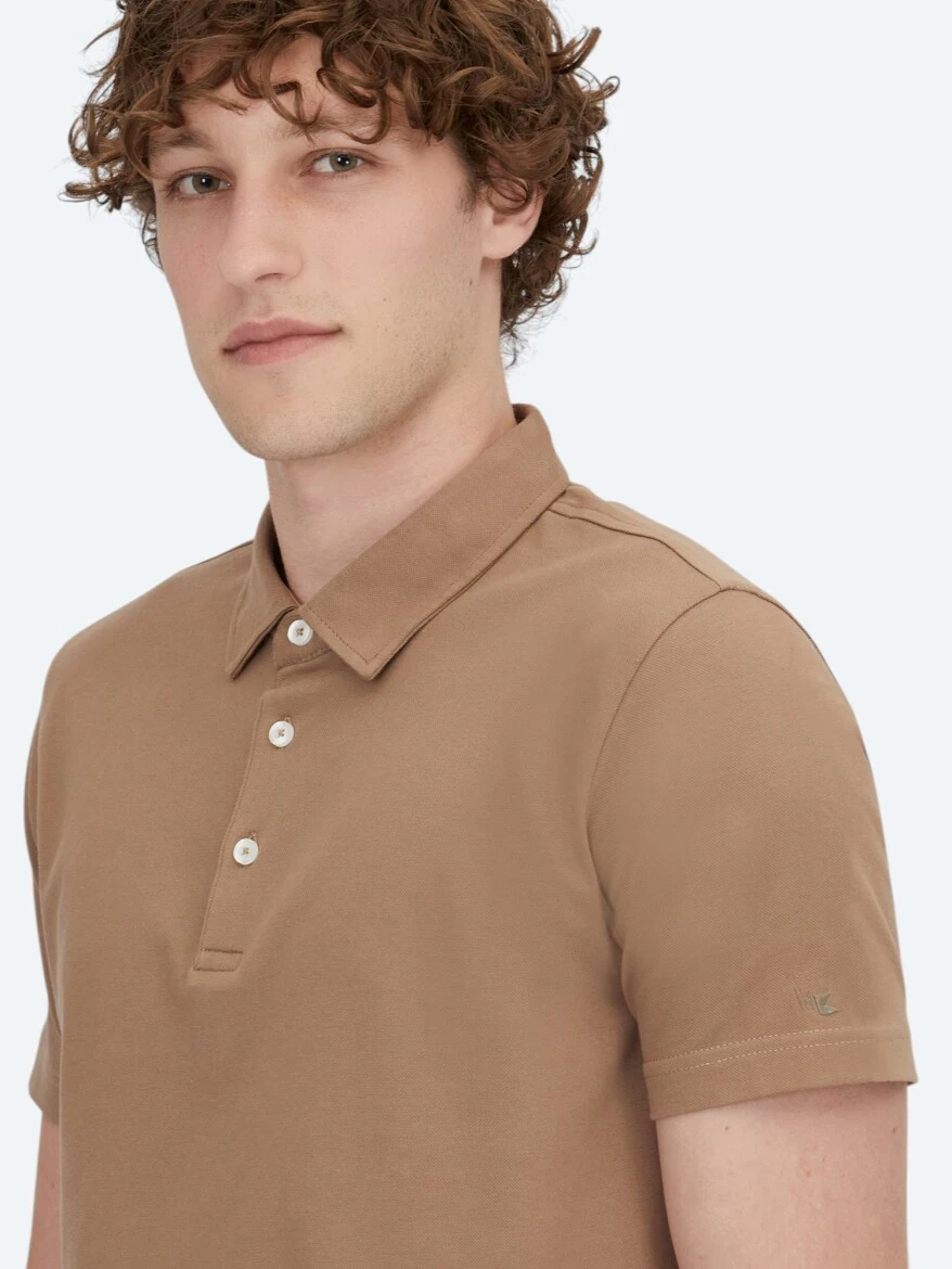Kahverengi Polo Yaka Pamuk Karışımlı T-Shirt - 3