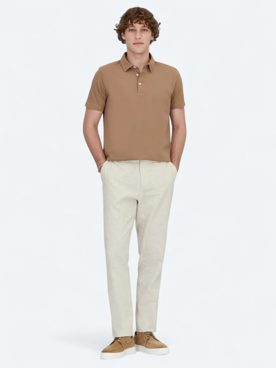 Kahverengi Polo Yaka Pamuk Karışımlı T-Shirt - 2