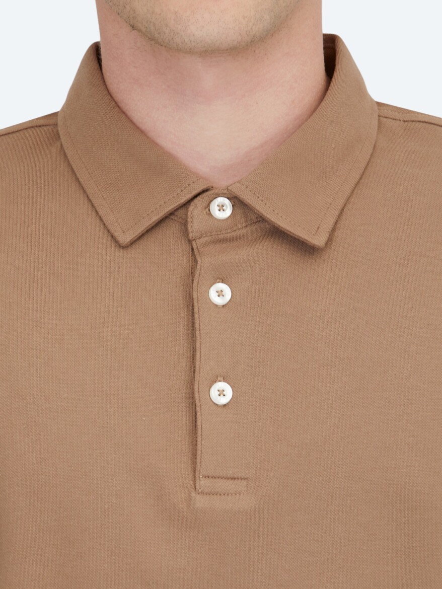 Kahverengi Polo Yaka Pamuk Karışımlı T-Shirt - 4