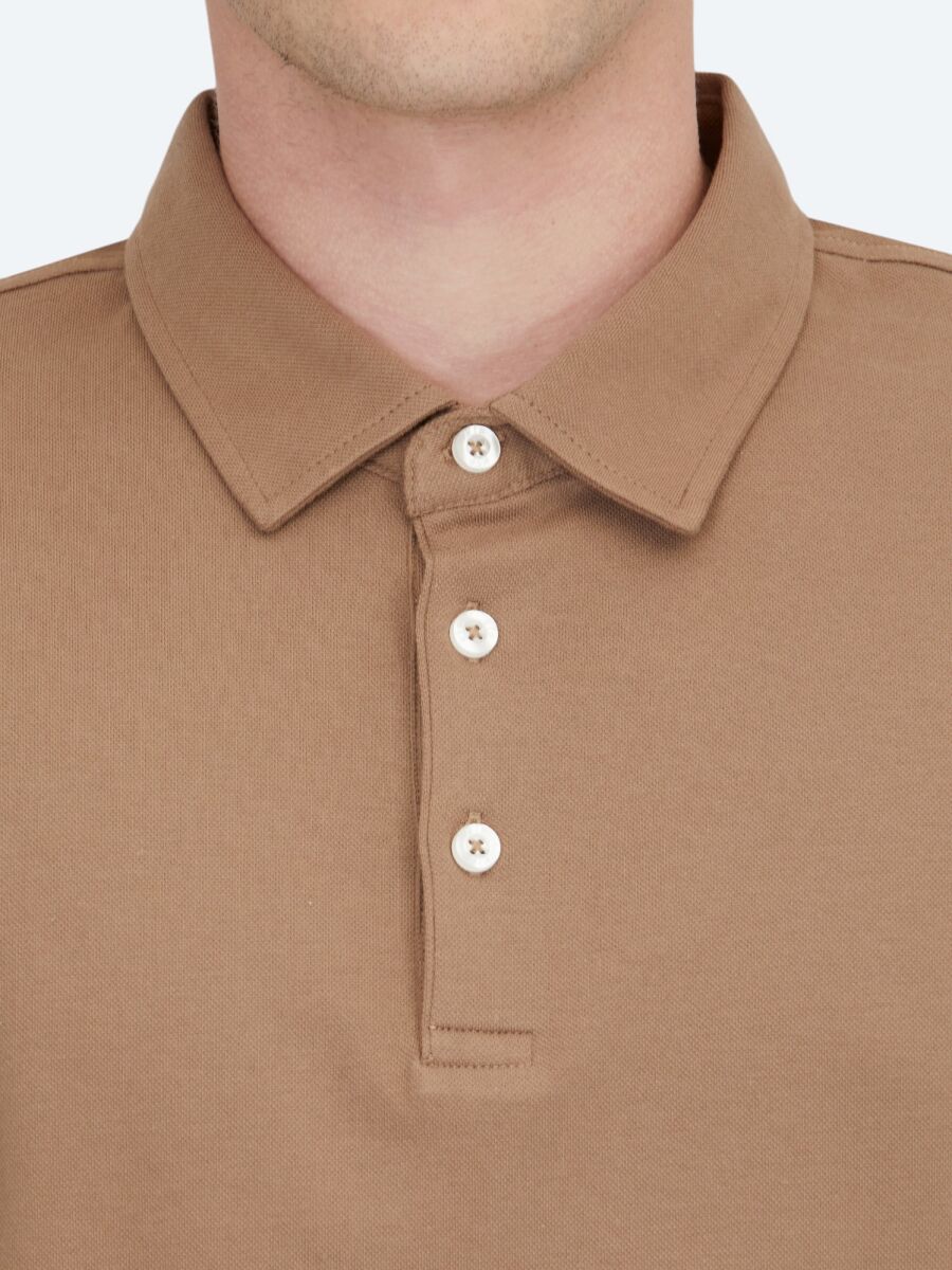 Kahverengi Polo Yaka Pamuk Karışımlı T-Shirt - 4