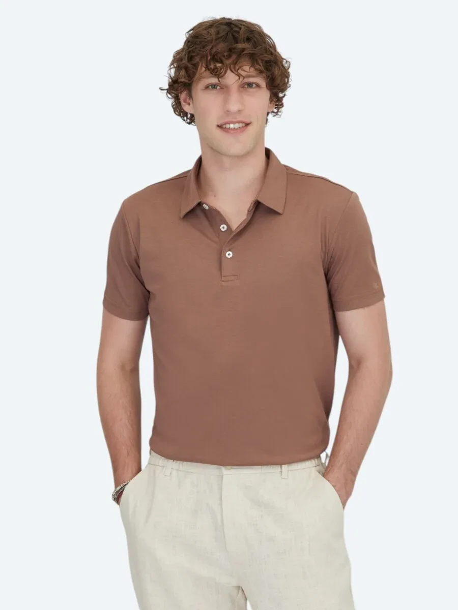 Kahverengi Polo Yaka Pamuk Karışımlı T-Shirt - 1