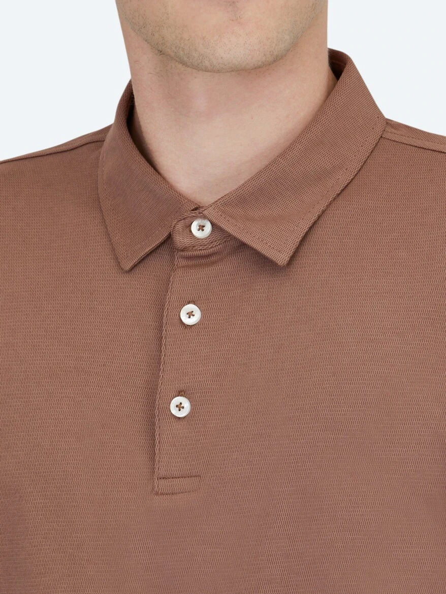 Kahverengi Polo Yaka Pamuk Karışımlı T-Shirt 