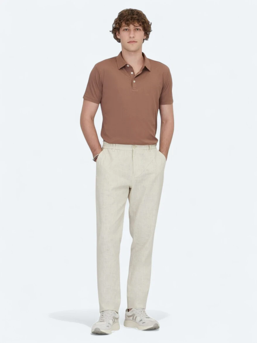 Kahverengi Polo Yaka Pamuk Karışımlı T-Shirt - 2