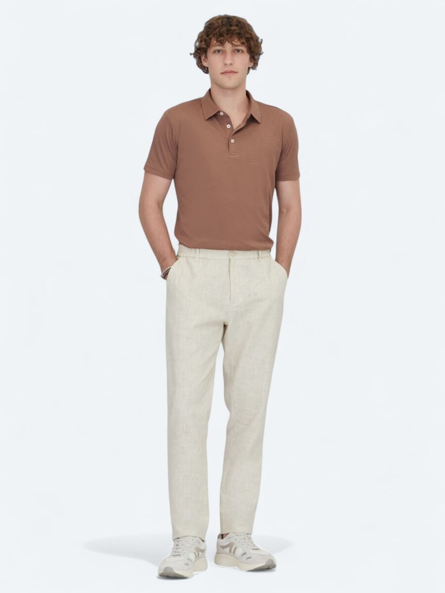 Kahverengi Polo Yaka Pamuk Karışımlı T-Shirt - 2