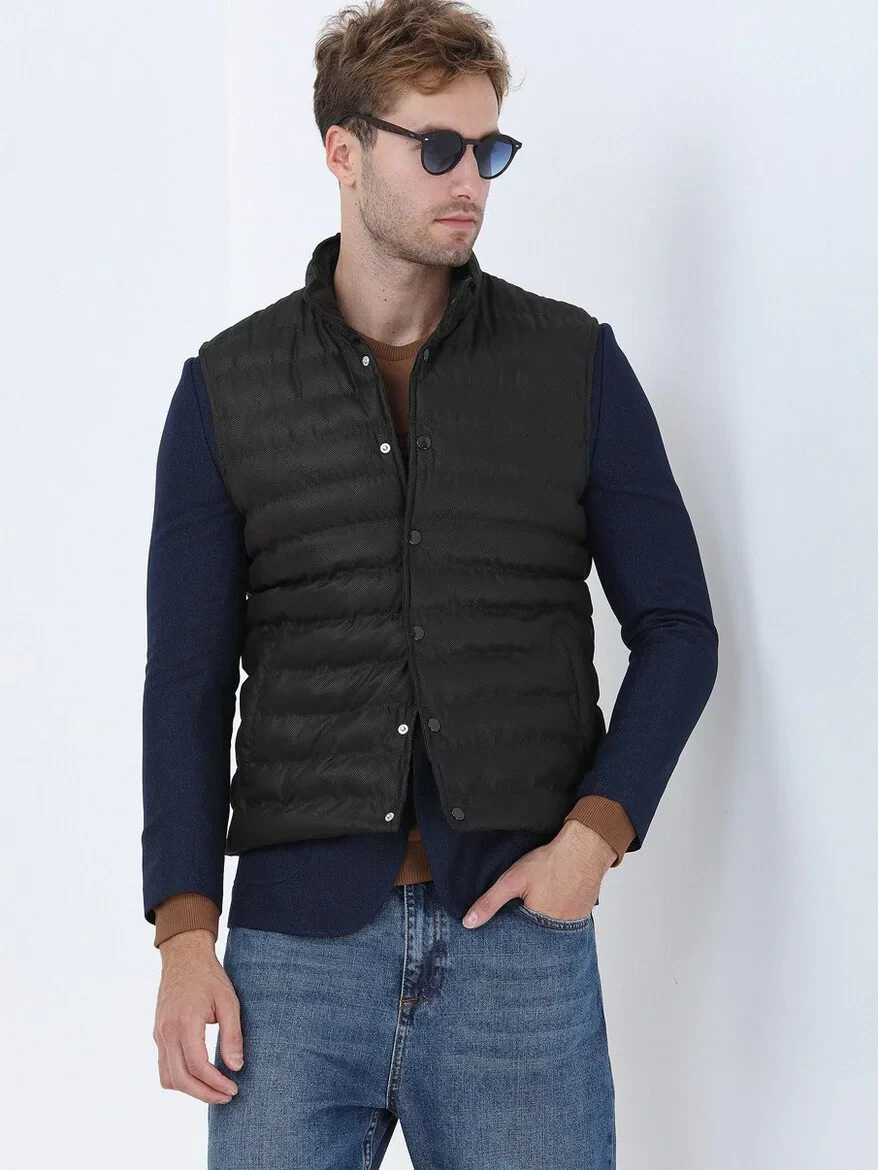 Kahverengi Regular Fit Dik Yaka Casual Dokuma Spor Yelek - 1