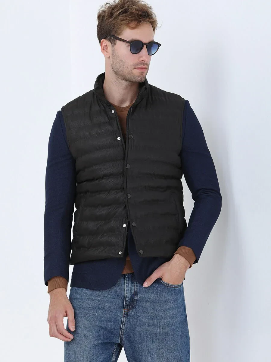 Kahverengi Regular Fit Dik Yaka Casual Dokuma Spor Yelek - 1