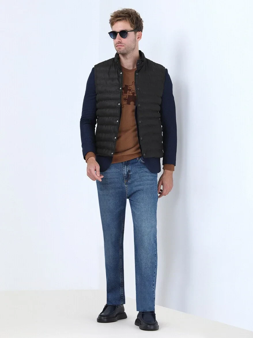 Kahverengi Regular Fit Dik Yaka Casual Dokuma Spor Yelek - 2