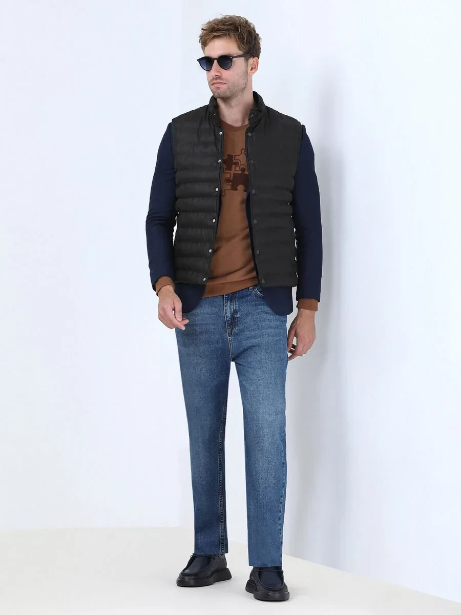 Kahverengi Regular Fit Dik Yaka Casual Dokuma Spor Yelek - 2