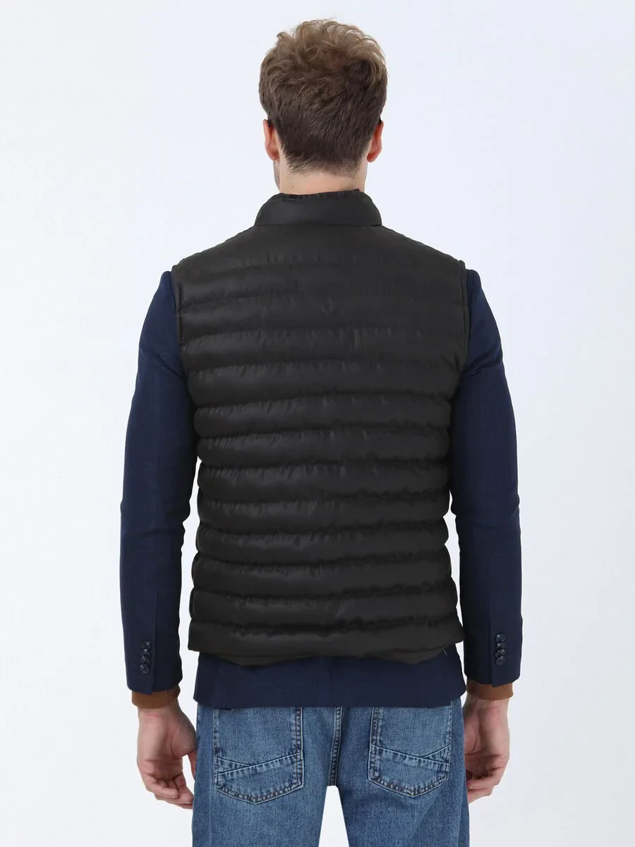 Kahverengi Regular Fit Dik Yaka Casual Dokuma Spor Yelek - 4