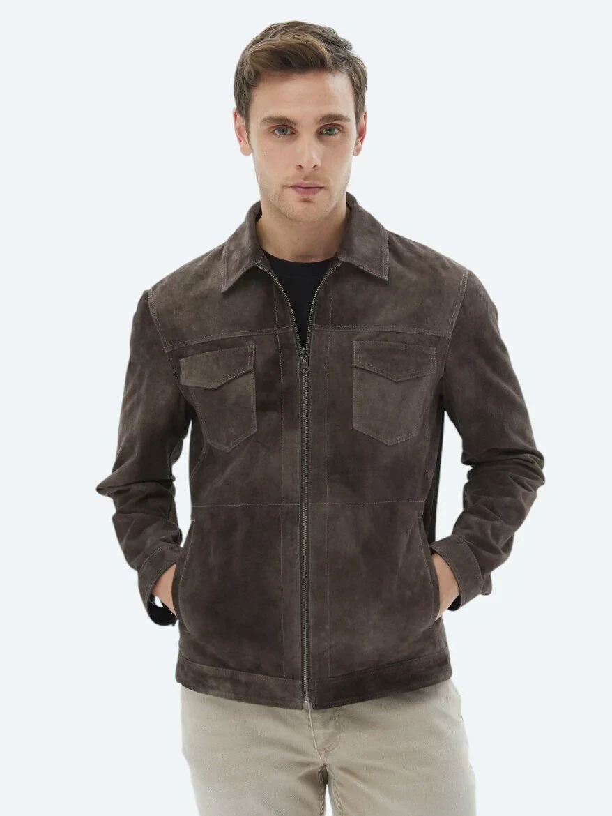 Kahverengi Regular Fit Dik Yaka Smart Casual Çift Taraflı Deri Mont - 1
