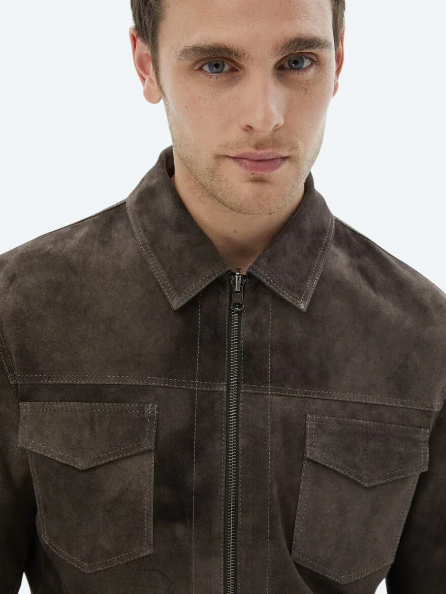 Kahverengi Regular Fit Dik Yaka Smart Casual Çift Taraflı Deri Mont - 5