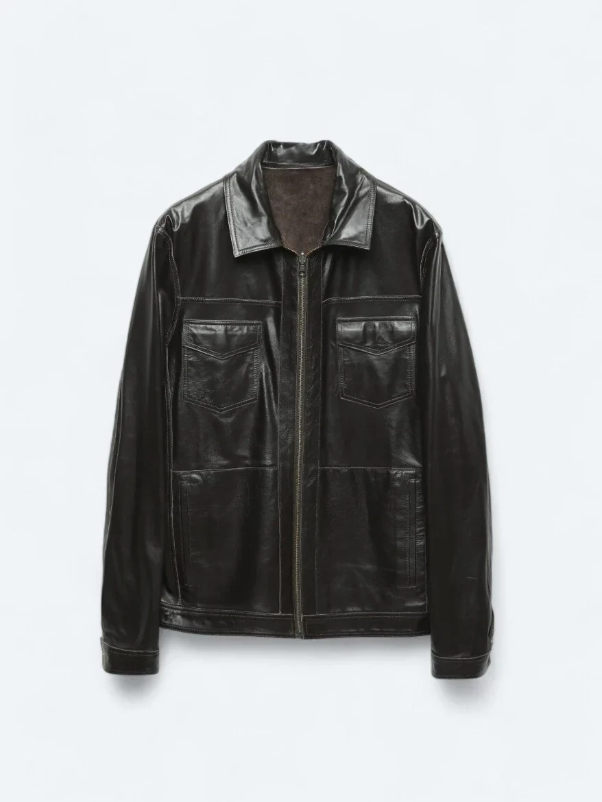 Kahverengi Regular Fit Dik Yaka Smart Casual Çift Taraflı Deri Mont - 9