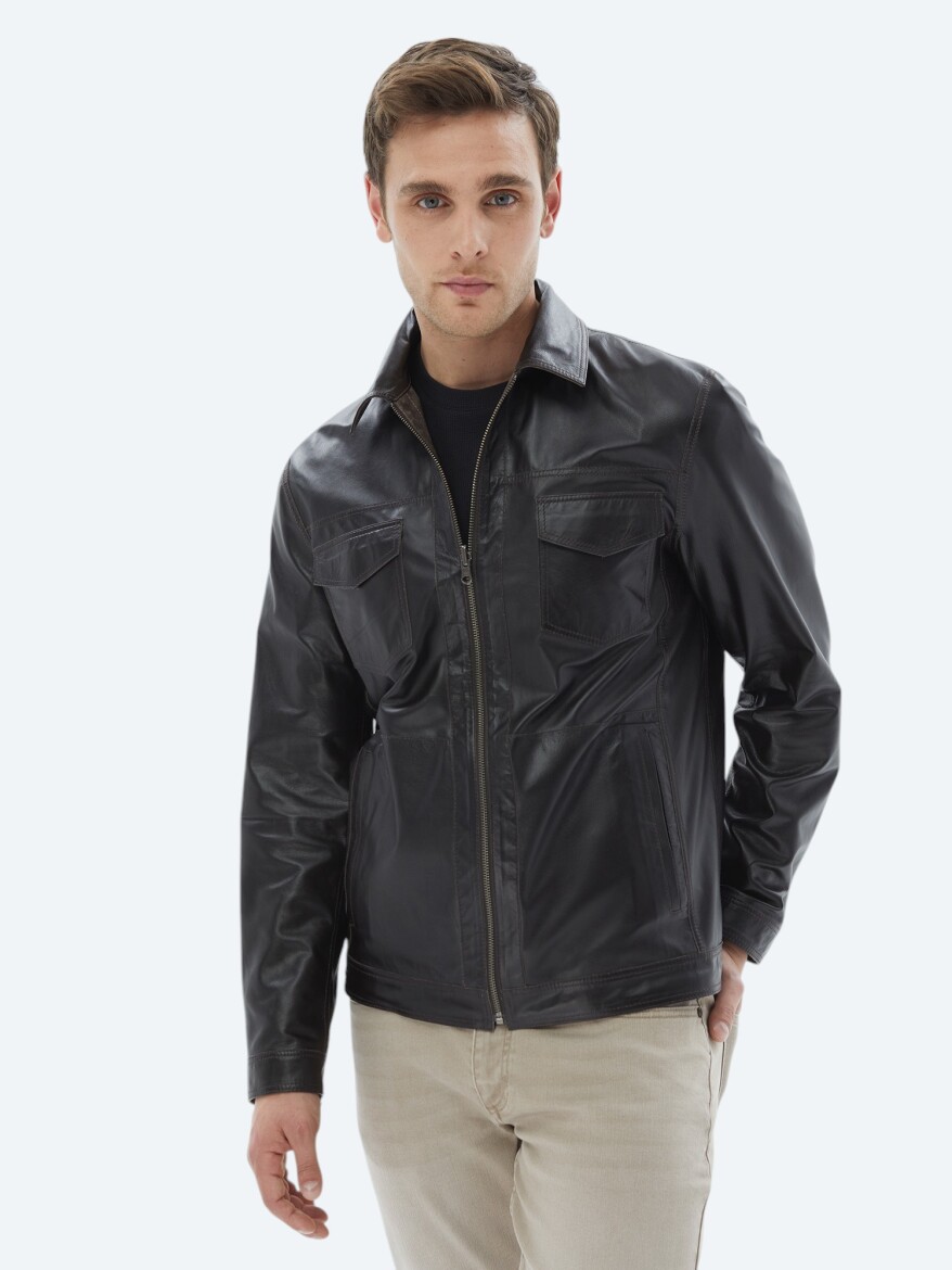 Kahverengi Regular Fit Dik Yaka Smart Casual Çift Taraflı Deri Mont - 2