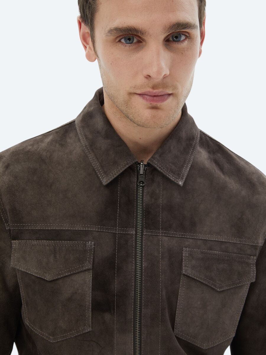 Kahverengi Regular Fit Dik Yaka Smart Casual Çift Taraflı Deri Mont - 5