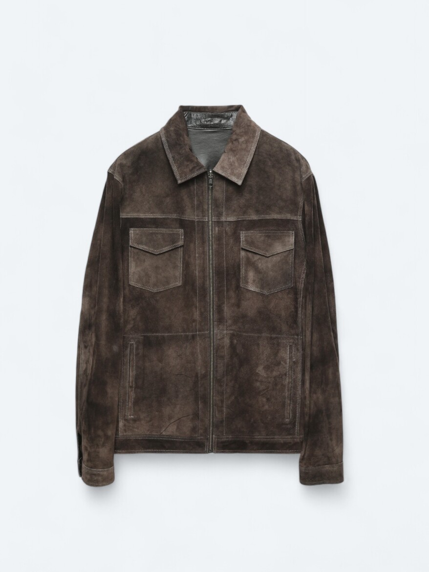Kahverengi Regular Fit Dik Yaka Smart Casual Çift Taraflı Deri Mont - 8