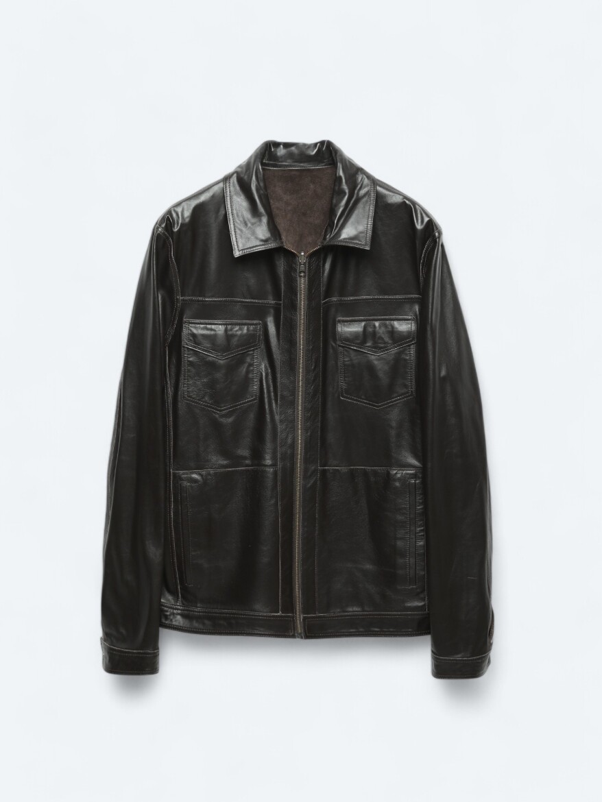 Kahverengi Regular Fit Dik Yaka Smart Casual Çift Taraflı Deri Mont - 9