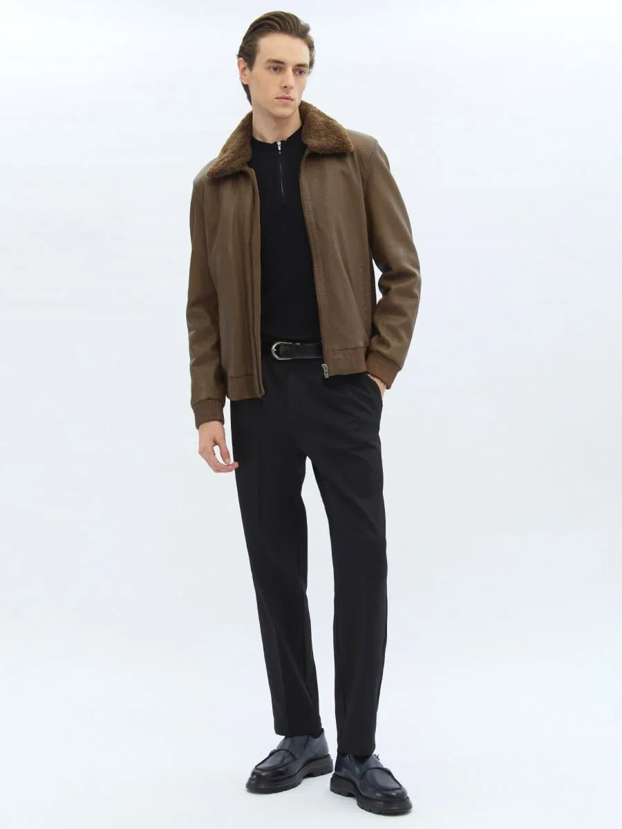 Kahverengi Regular Fit Dik Yaka Smart Casual Koyun Derisi Deri Mont - 2