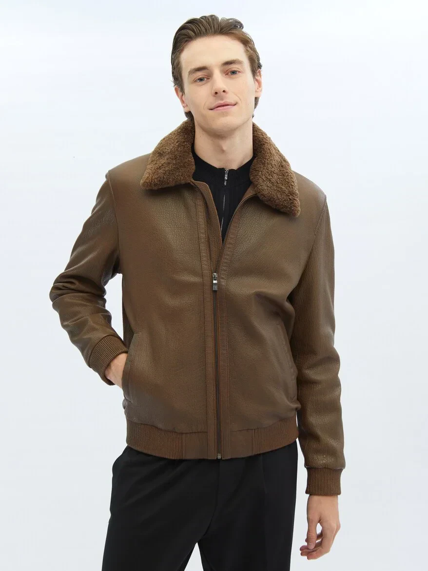 Kahverengi Regular Fit Dik Yaka Smart Casual Koyun Derisi Deri Mont - 4