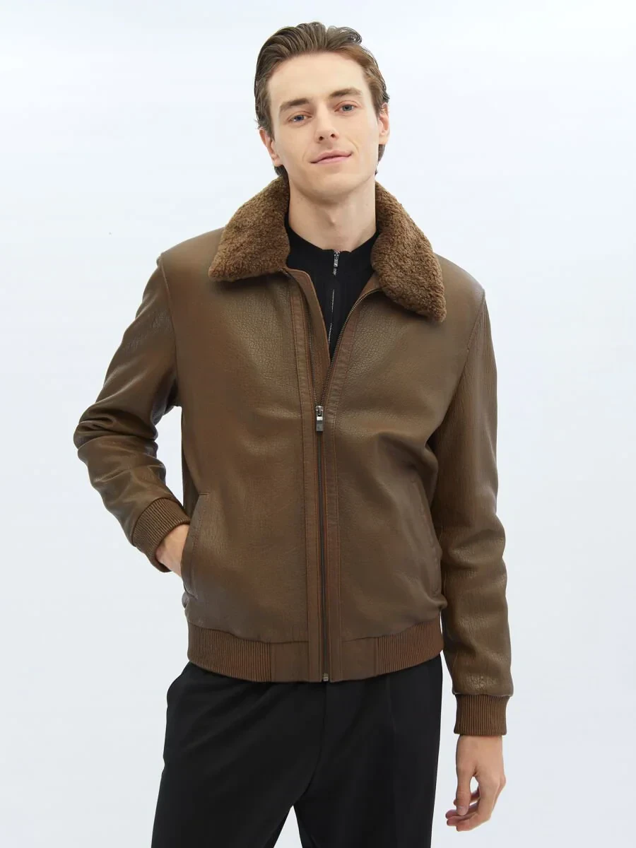 Kahverengi Regular Fit Dik Yaka Smart Casual Koyun Derisi Deri Mont - 4