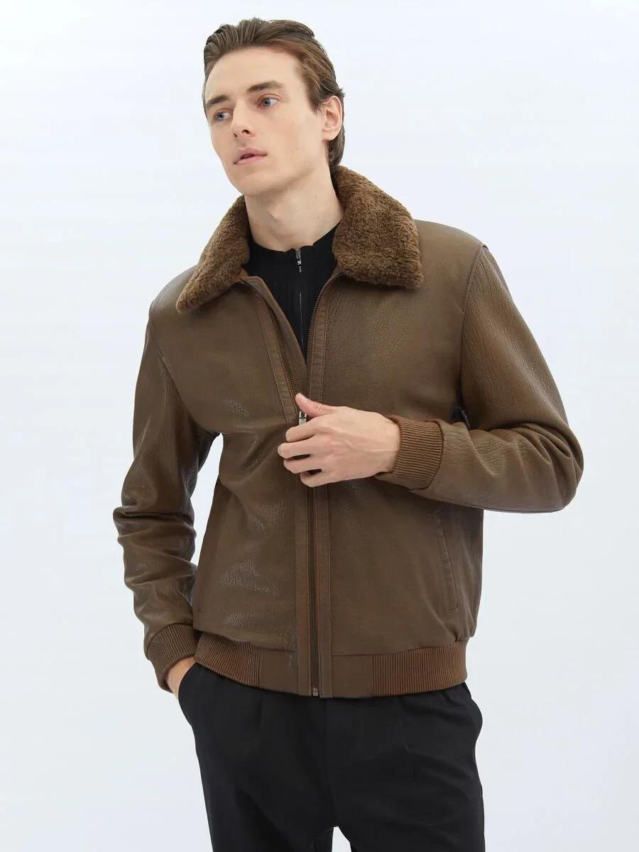 Kahverengi Regular Fit Dik Yaka Smart Casual Koyun Derisi Deri Mont - 5