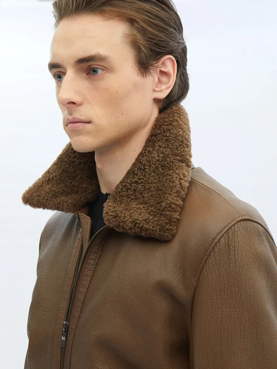Kahverengi Regular Fit Dik Yaka Smart Casual Koyun Derisi Deri Mont - 6