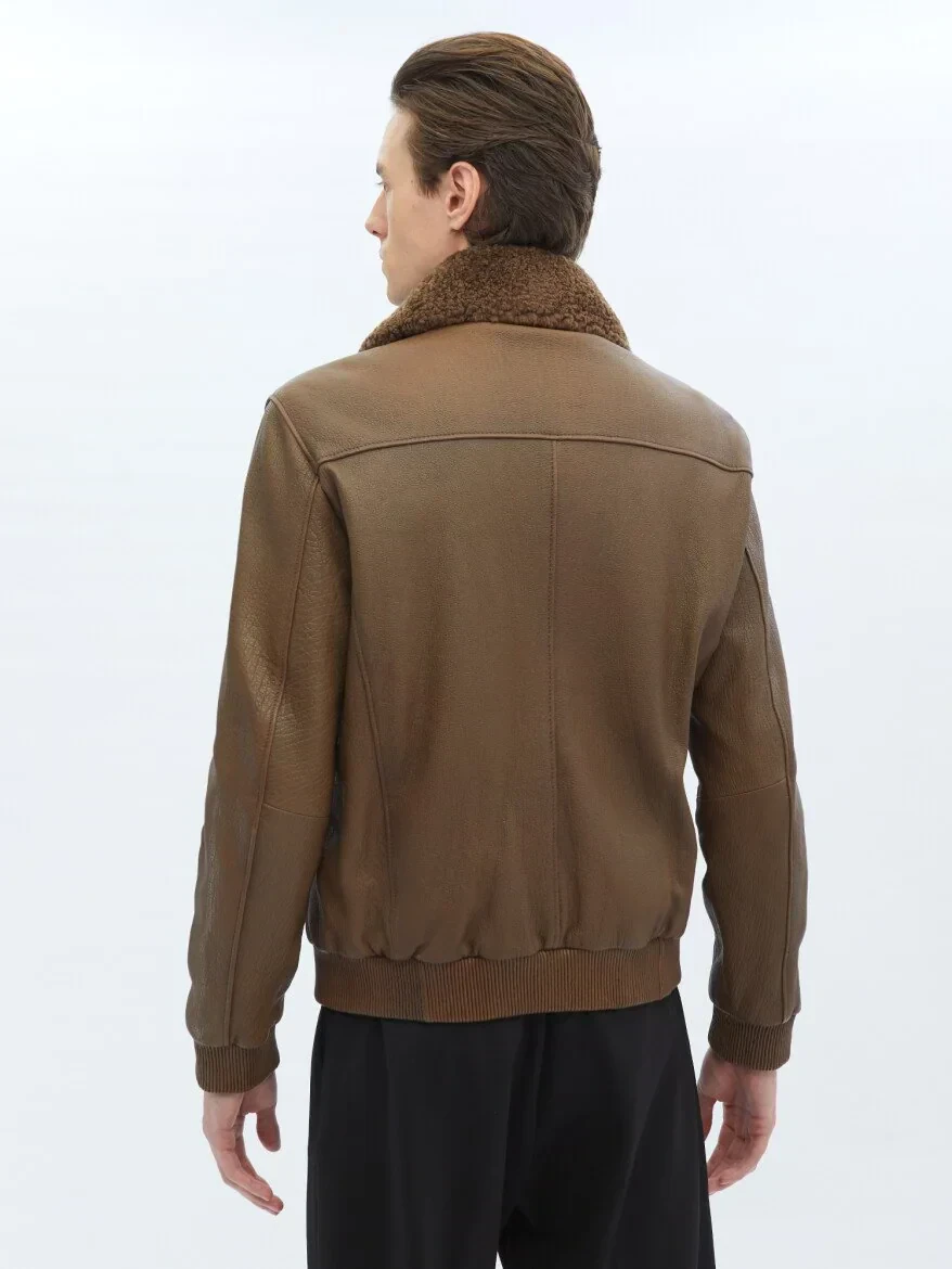 Kahverengi Regular Fit Dik Yaka Smart Casual Koyun Derisi Deri Mont - 8