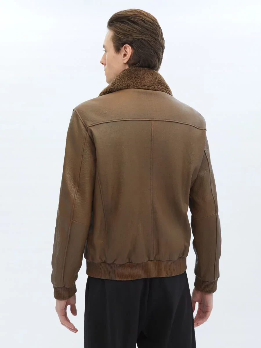 Kahverengi Regular Fit Dik Yaka Smart Casual Koyun Derisi Deri Mont - 8