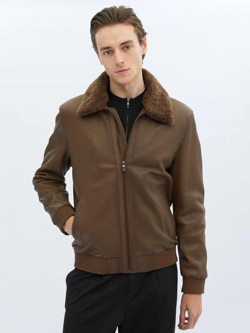 Kahverengi Regular Fit Dik Yaka Smart Casual Koyun Derisi Deri Mont - 1