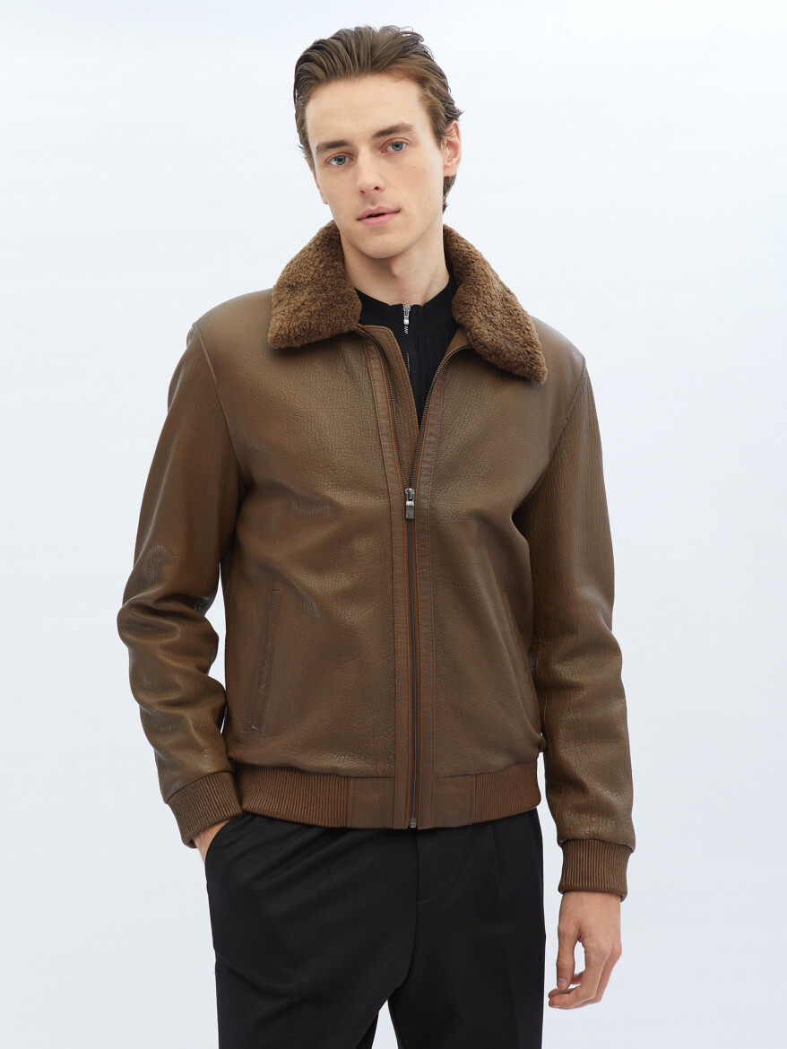 Kahverengi Regular Fit Dik Yaka Smart Casual Koyun Derisi Deri Mont - 3