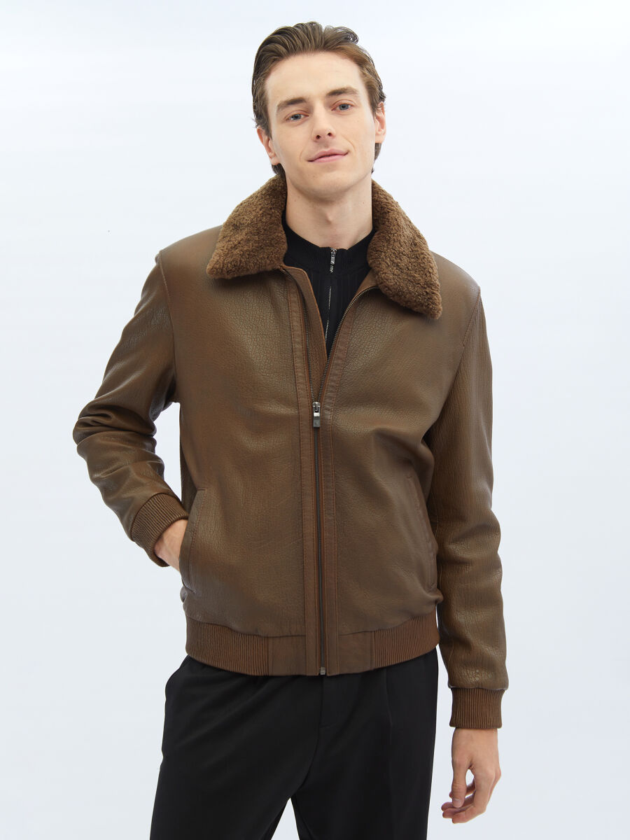 Kahverengi Regular Fit Dik Yaka Smart Casual Koyun Derisi Deri Mont - 4