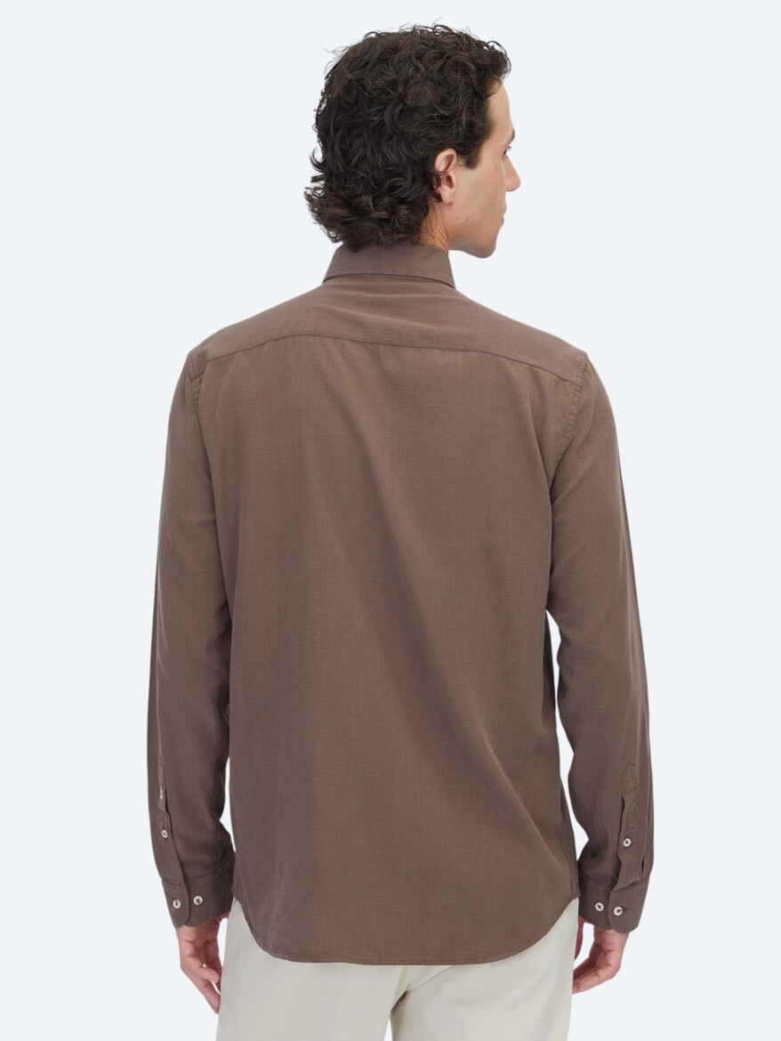 Kahverengi Regular Fit Dokuma Casual Pamuk Karışımlı Gömlek - 6