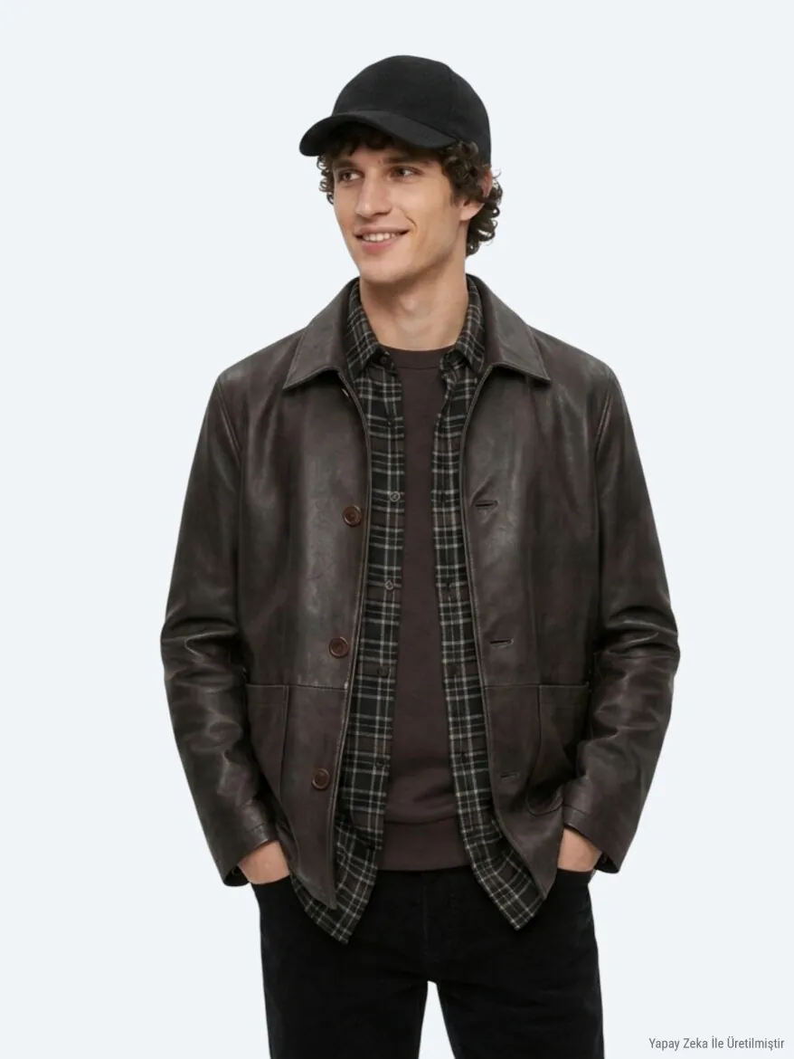 Kahverengi Regular Fit Gömlek Yaka Casual Deri Deri Mont - KİP