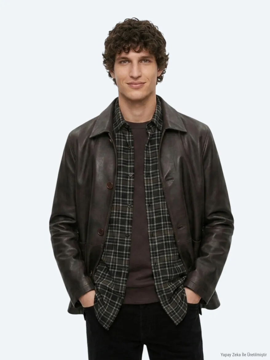 Kahverengi Regular Fit Gömlek Yaka Casual Deri Deri Mont - 3